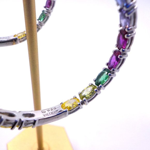 Created Gemstones Rainbow Channel Set Sterling Silver 1.5" Hoops Earrings - Picture 2 of 5